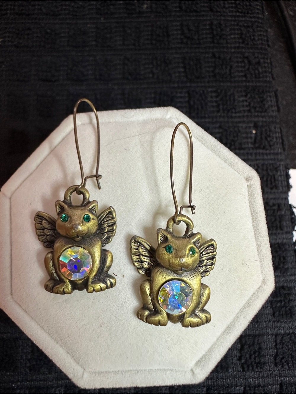 Vintage Brass Winged Kitty Earrings with Iridescent Gem